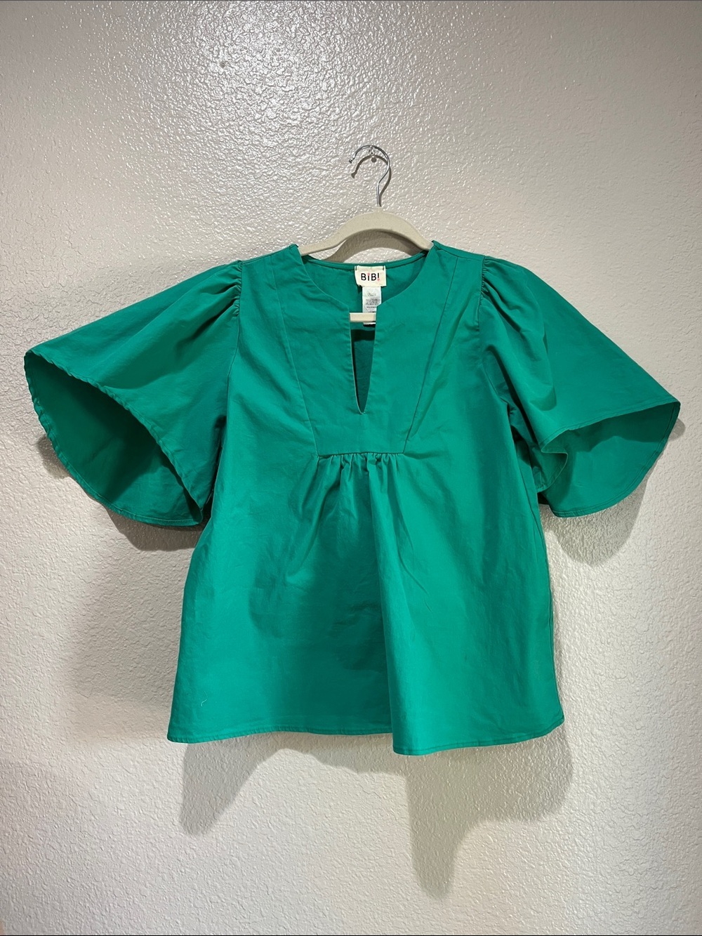 BiBi Teal Green Flutter-Sleeve V-Neck Blouse Sz S Boho Cottage core TC0097